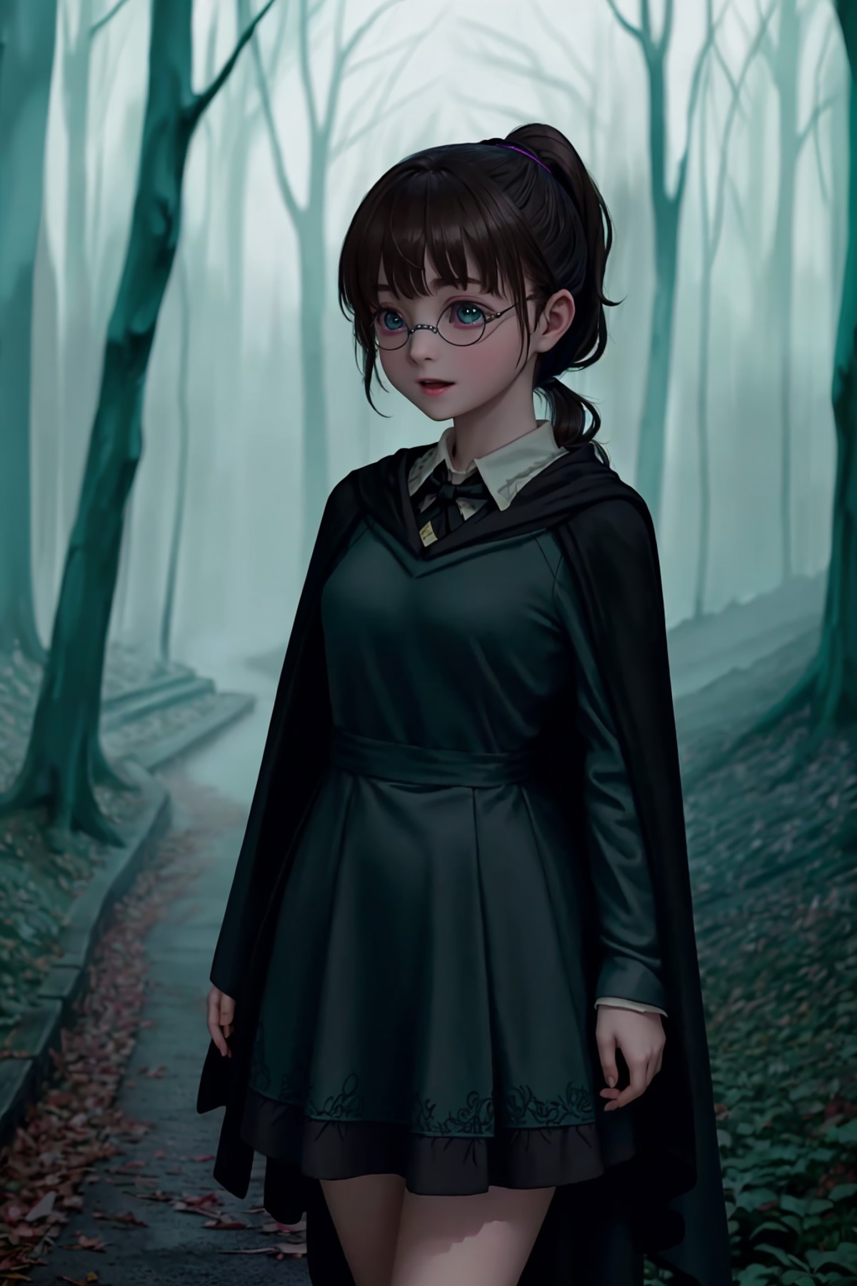 GS-Girlish pretty harry potter, brunette ponytail bangs standing in a magical dark forest wearing glasses and black (hogwa...
